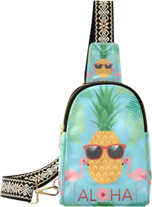 Small Sling Bag Waist Packs Leather Crossbody Packs Chest Bag Pineapple Flamingos for Women Travel Belt Purse