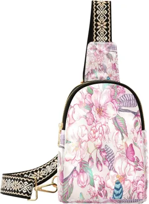 Small Sling Bag Waist Packs Leather Crossbody Packs Chest Bag Pink Peach Blossom for Women Travel Belt Purse