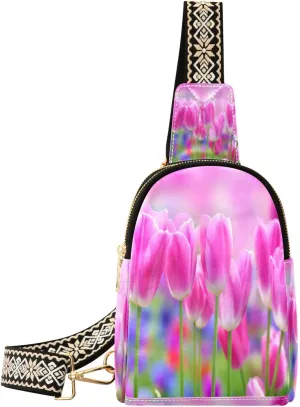 Small Sling Bag Waist Packs Leather Crossbody Packs Chest Bag Pink Tulip with Bokeh for Women Travel Belt Purse