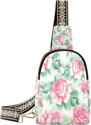 Small Sling Bag Waist Packs Leather Crossbody Packs Chest Bag Pink White Flower for Women Travel Belt Purse