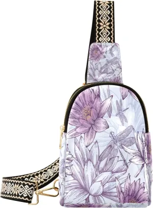 Small Sling Bag Waist Packs Leather Crossbody Packs Chest Bag Purple Lilies and Dragonflies for Women Travel Belt Purse