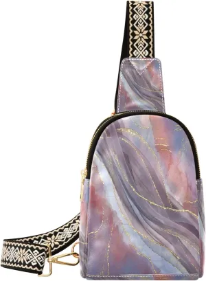 Small Sling Bag Waist Packs Leather Crossbody Packs Chest Bag Purple Marble for Women Travel Belt Purse