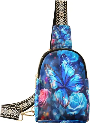 Small Sling Bag Waist Packs Leather Crossbody Packs Chest Bag Rose Butterfly for Women Travel Belt Purse