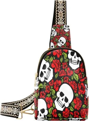 Small Sling Bag Waist Packs Leather Crossbody Packs Chest Bag Skull and Flowers for Women Travel Belt Purse