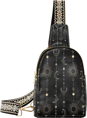 Small Sling Bag Waist Packs Leather Crossbody Packs Chest Bag Sun Moon Stars Witch for Women Travel Belt Purse
