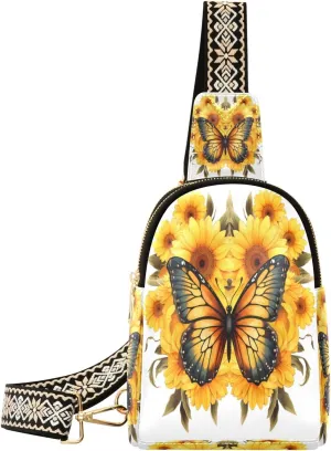 Small Sling Bag Waist Packs Leather Crossbody Packs Chest Bag Sunflower Butterfly for Women Travel Belt Purse
