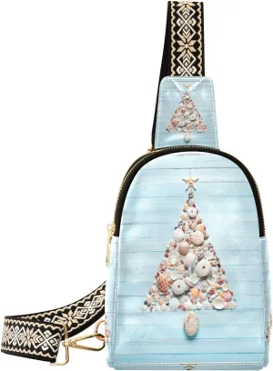 Small Sling Bag Waist Packs Leather Crossbody Packs Chest Bag Tropical Christmas Tree Shells for Women Travel Belt Purse