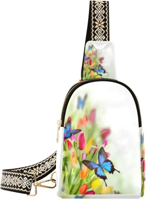 Small Sling Bag Waist Packs Leather Crossbody Packs Chest Bag Tulip and Butterfly for Women Travel Belt Purse