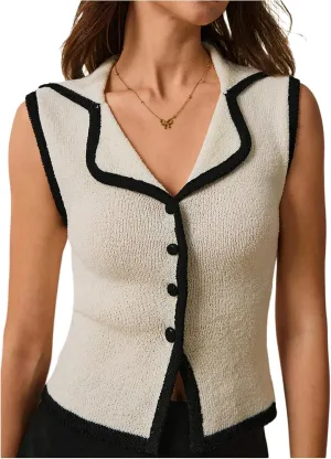 SOLY HUX Women's Sleeveless Knit Tank Tops Button Down Collared V Neck Summer Fitted Sweater Vest