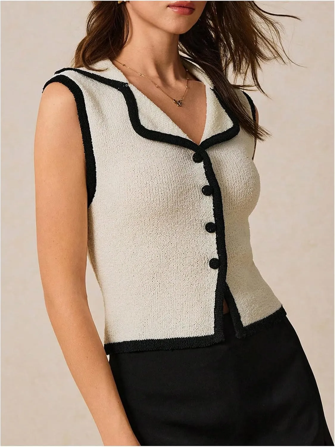 SOLY HUX Women's Sleeveless Knit Tank Tops Button Down Collared V Neck Summer Fitted Sweater Vest