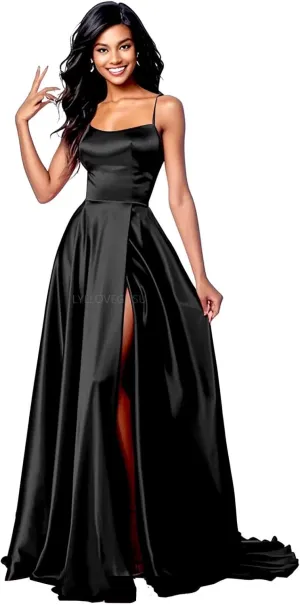 Spaghetti Strap Satin Prom Dresses Ball Gowns for Women Formal Slit Bridesmaid Dress with Pockets