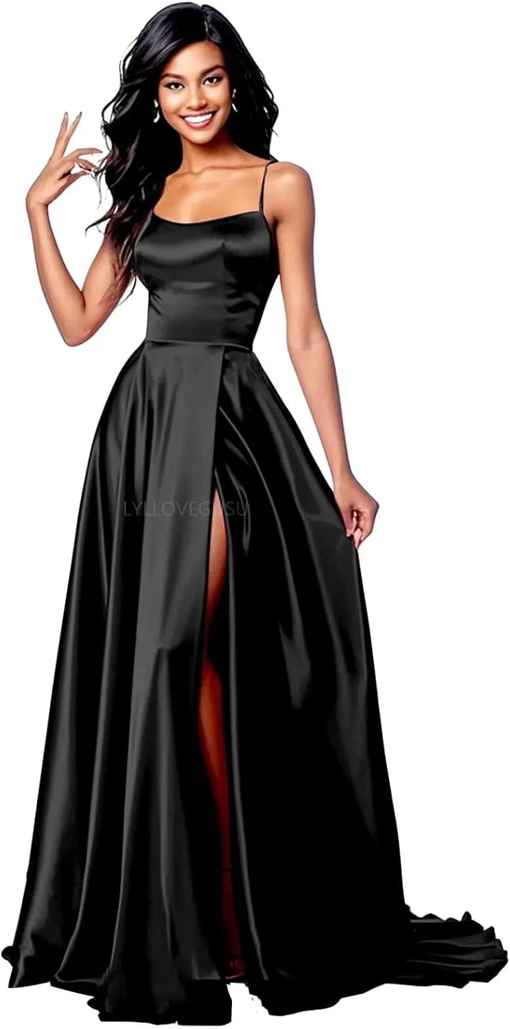 Spaghetti Strap Satin Prom Dresses Ball Gowns for Women Formal Slit Bridesmaid Dress with Pockets