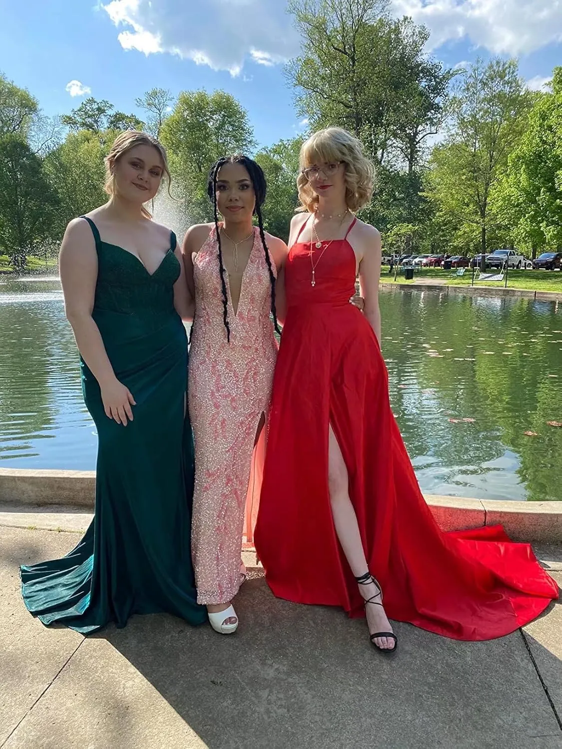 Spaghetti Strap Satin Prom Dresses Ball Gowns for Women Formal Slit Bridesmaid Dress with Pockets