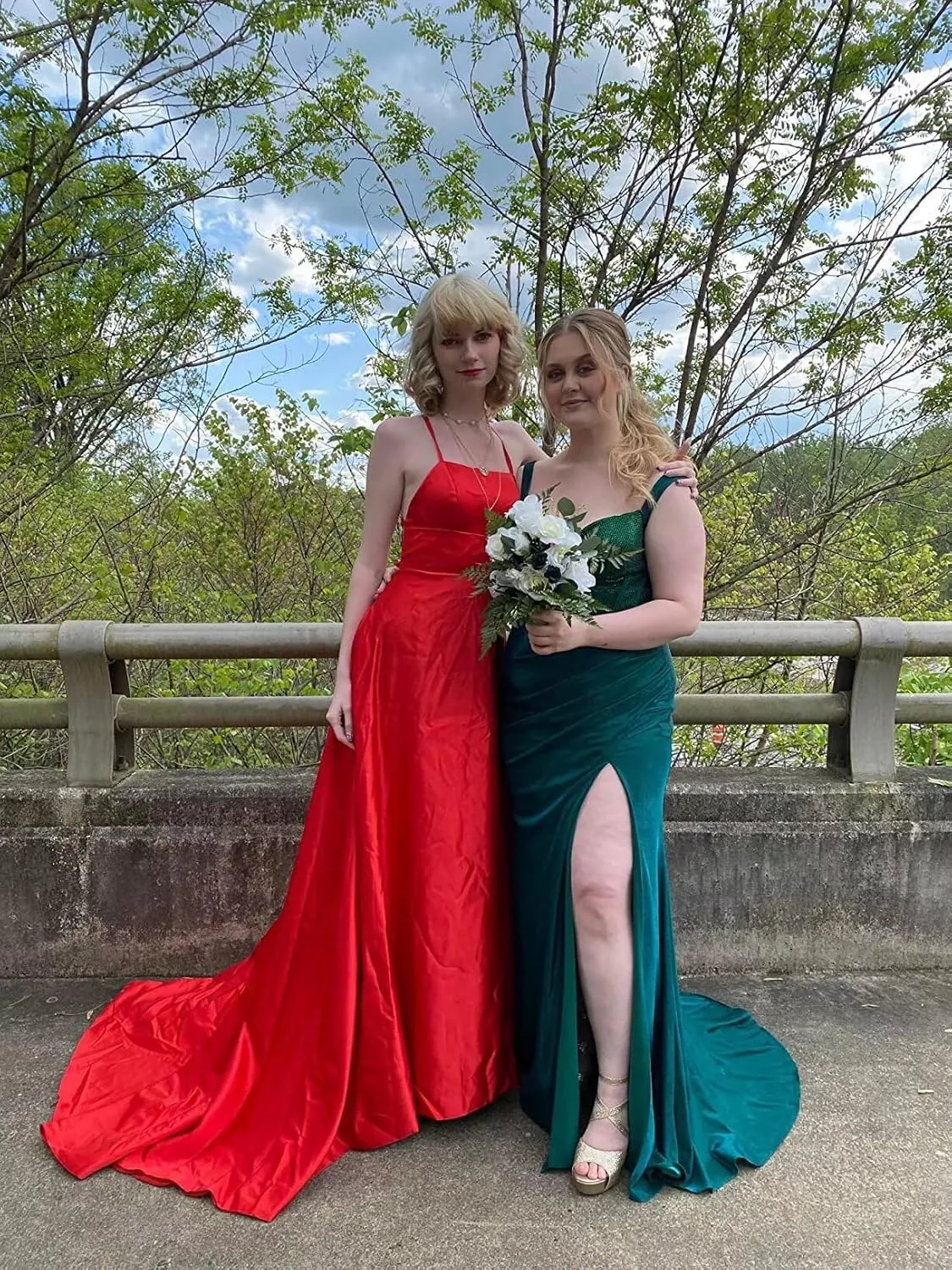 Spaghetti Strap Satin Prom Dresses Ball Gowns for Women Formal Slit Bridesmaid Dress with Pockets