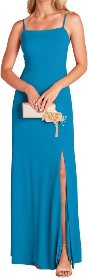 Spaghetti Straps Bridesmaid Dresses for Wedding Chiffon Formal Evening Party Prom Maxi Gown with Slit Bow AN336