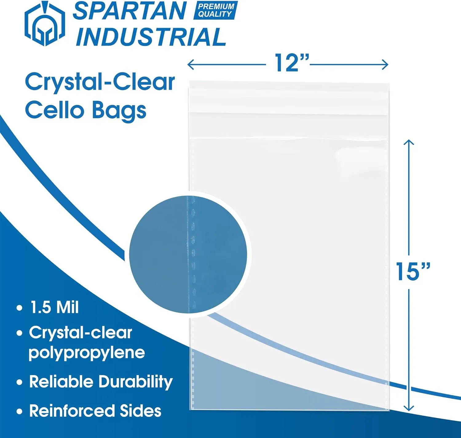 Spartan Industrial - 12" X 15" (200 Count) Crystal Clear Resealable Cello Poly Bags for Packaging, Clothing & T Shirts - Self Seal & Reinforced