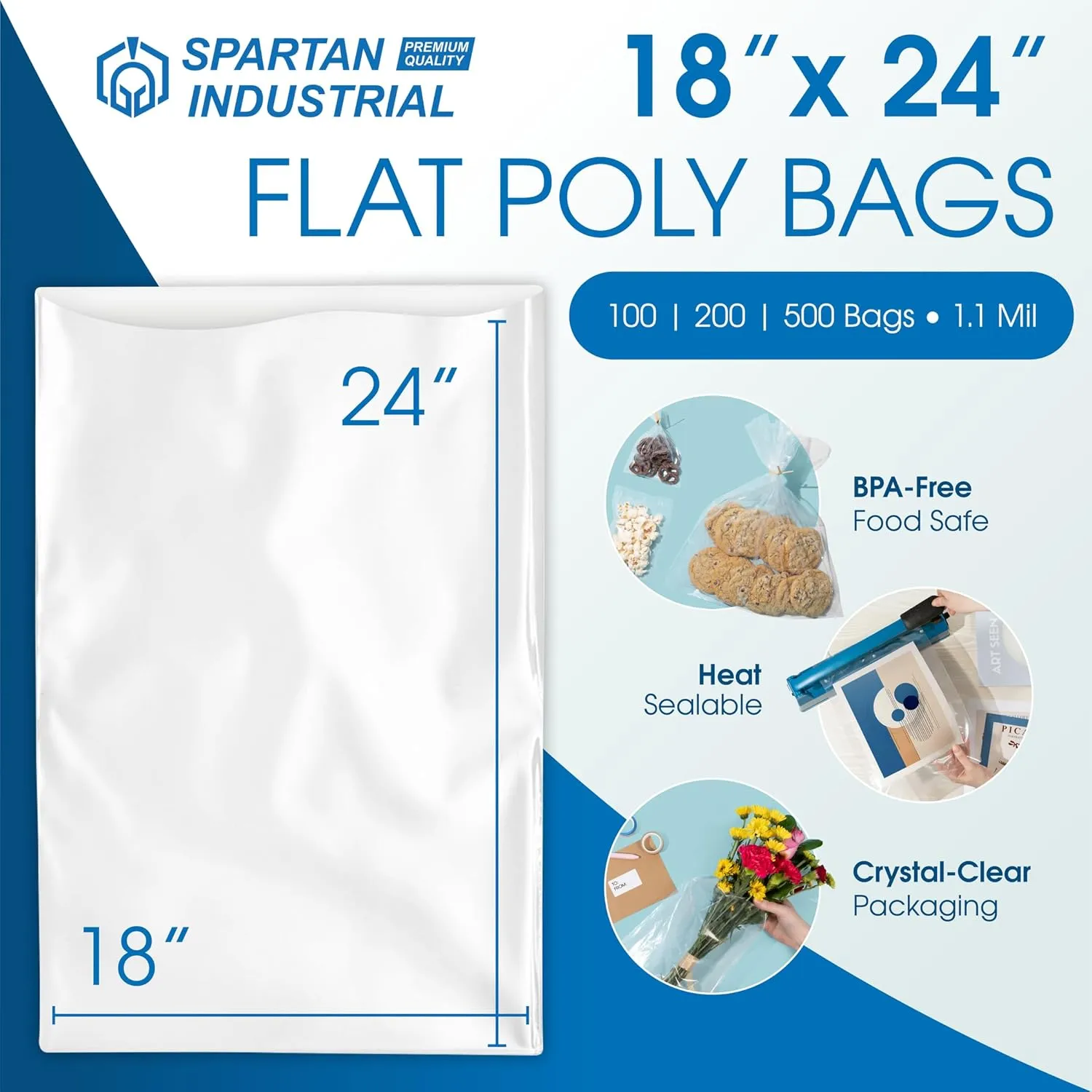 Spartan Industrial - 18 X 24 (500 Count) 1.1 Mil Flat Open End Clear Plastic Poly Bags - for Proofing Bread Dough, Packaging Clothes, Shirts (Thin & Lightweight - Bags DO NOT Have Seal)