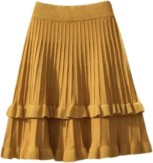 Spring Women Solid Elastic High Waist Ruffles Slim A-Line Knitted Pleated Skirt