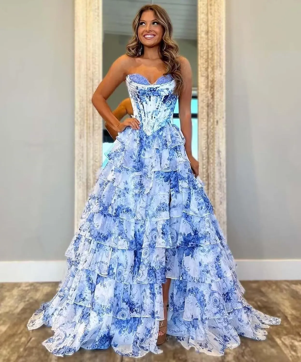 Strapless Floral Corset Prom Dresses with Slit Chiffon Tiered Ruffle Evening Gown Sweetheart A Line Formal Dress