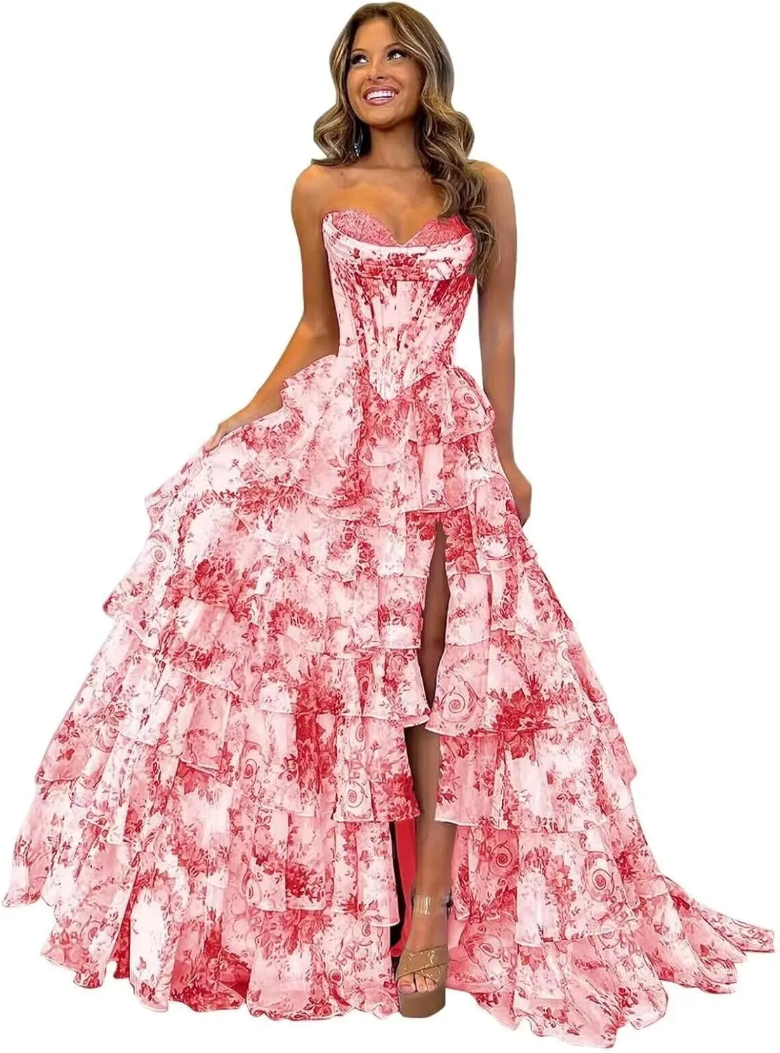Strapless Floral Corset Prom Dresses with Slit Chiffon Tiered Ruffle Evening Gown Sweetheart A Line Formal Dress