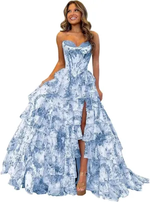 Strapless Floral Corset Prom Dresses with Slit Chiffon Tiered Ruffle Evening Gown Sweetheart A Line Formal Dress
