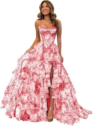 Strapless Floral Corset Prom Dresses with Slit Chiffon Tiered Ruffle Evening Gown Sweetheart A Line Formal Dress