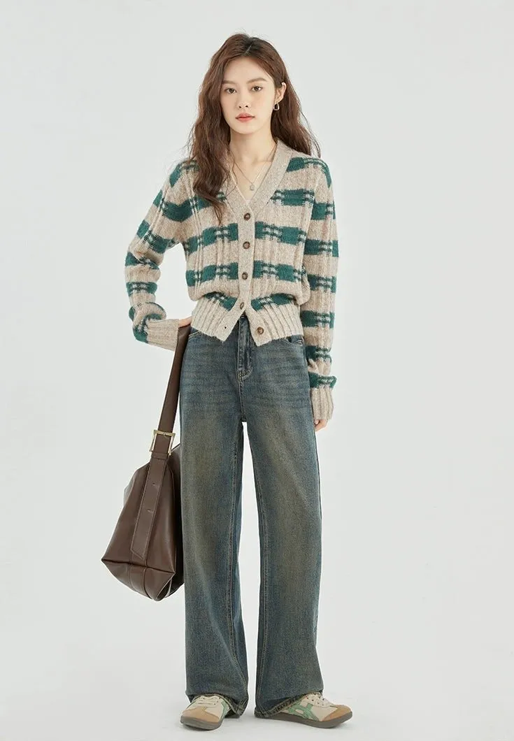 Stripe Crosshatch Ribbed Knit Cardigan