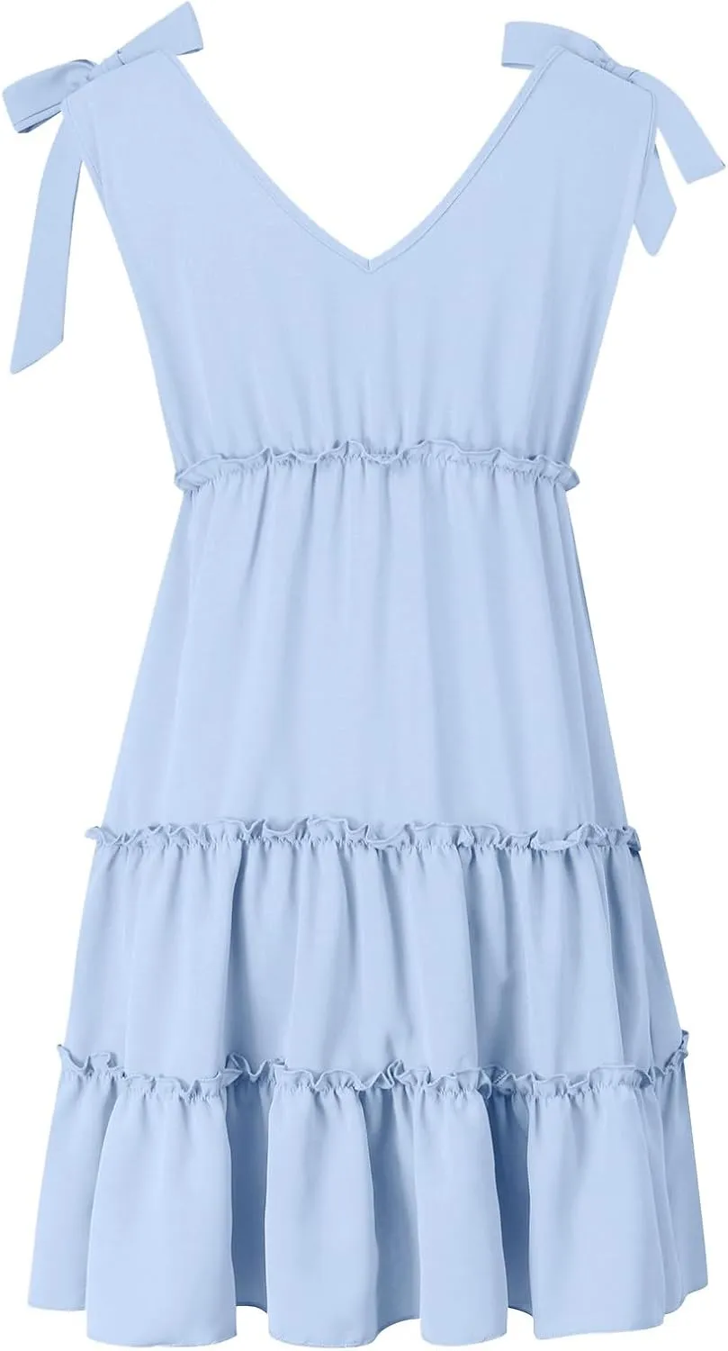 Summer Mini Dresses For Women 2025 Tie Shoulder Sleeveless Loose Fit Sundress Tiered Ruffle Flowy Knee Length Dress