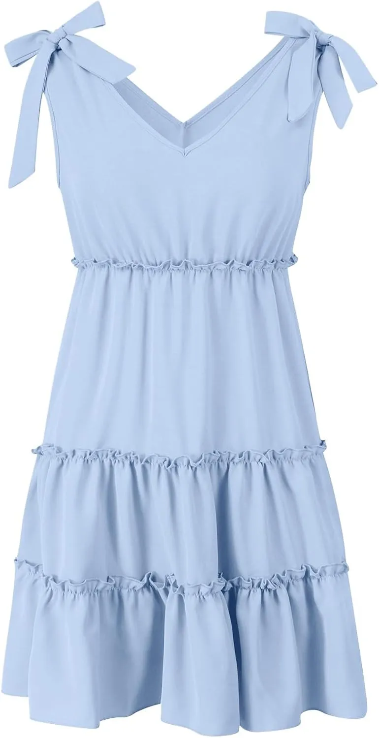 Summer Mini Dresses For Women 2025 Tie Shoulder Sleeveless Loose Fit Sundress Tiered Ruffle Flowy Knee Length Dress