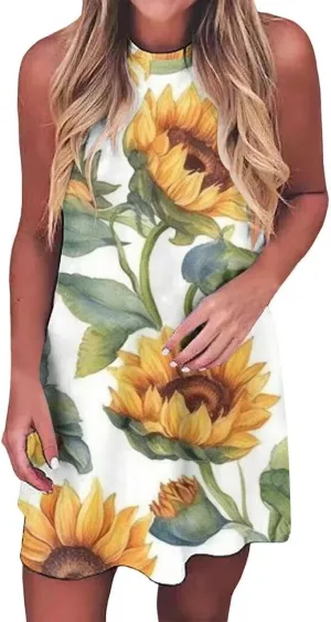 Sun Salt Sand Coconut Tree Tank Mini Dress for Women Casual Loose Sleeveless Beach Praty Shirts Summer Vacation Short Dress
