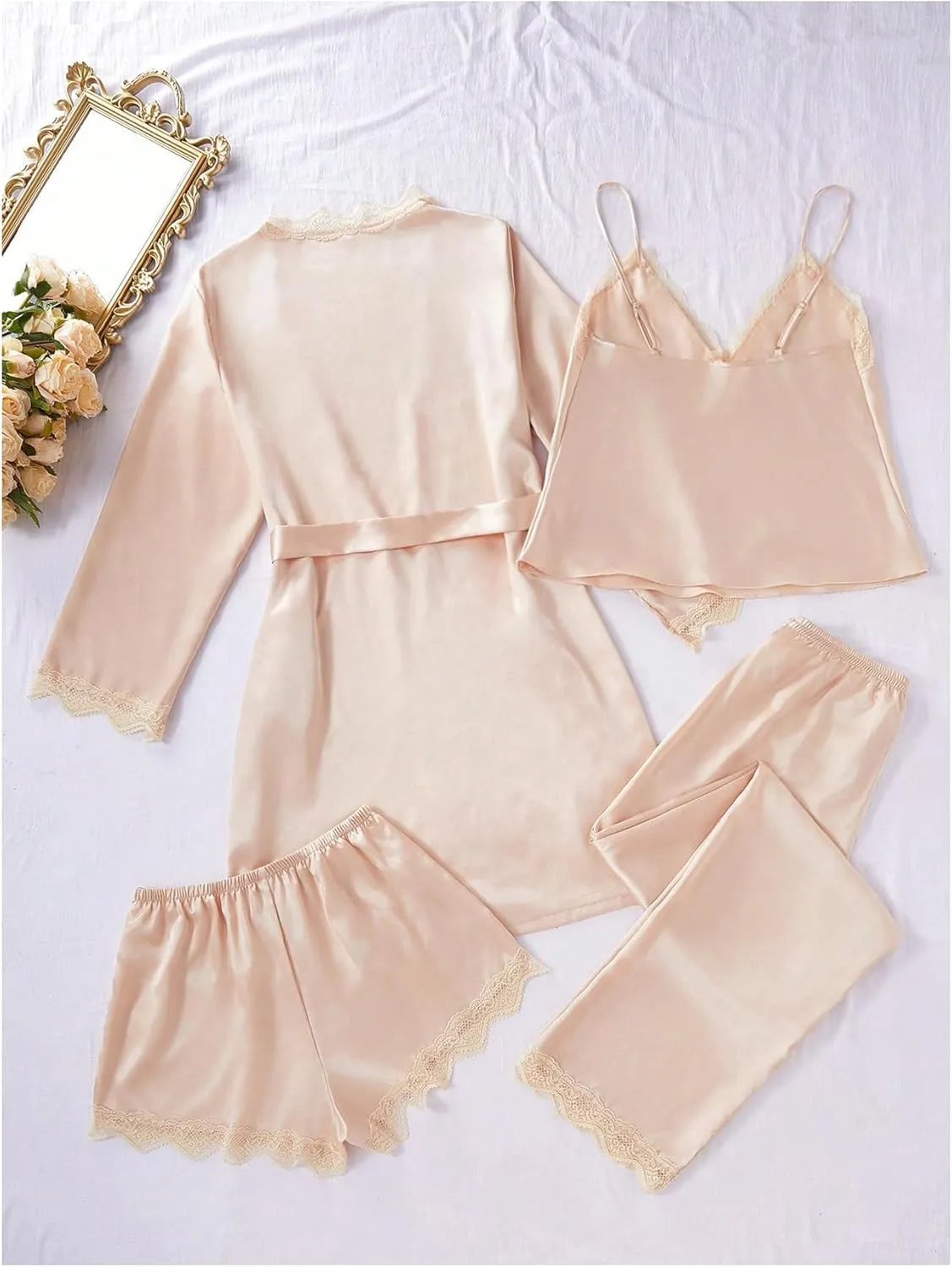 SweatyRocks Women's Silk Pajamas Set 4pcs with Robe Lace Trim Shorts Lounge Sets Pants Sleepwear