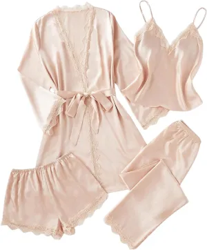 SweatyRocks Women's Silk Pajamas Set 4pcs with Robe Lace Trim Shorts Lounge Sets Pants Sleepwear