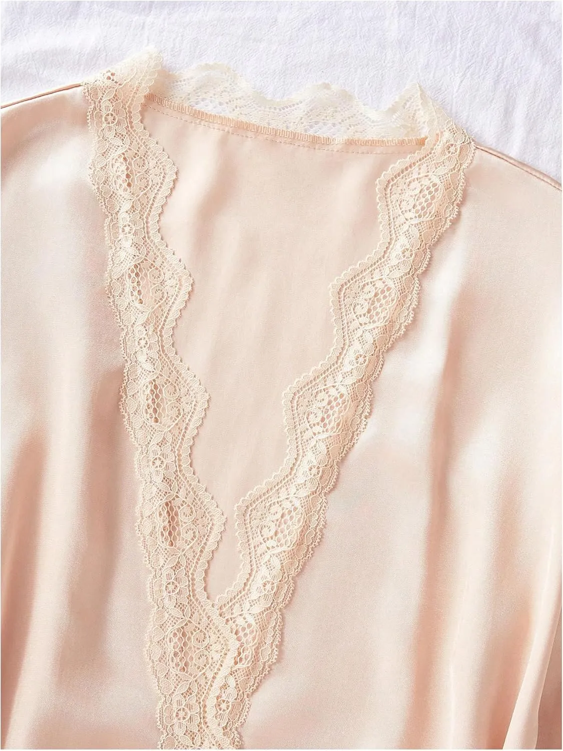 SweatyRocks Women's Silk Pajamas Set 4pcs with Robe Lace Trim Shorts Lounge Sets Pants Sleepwear