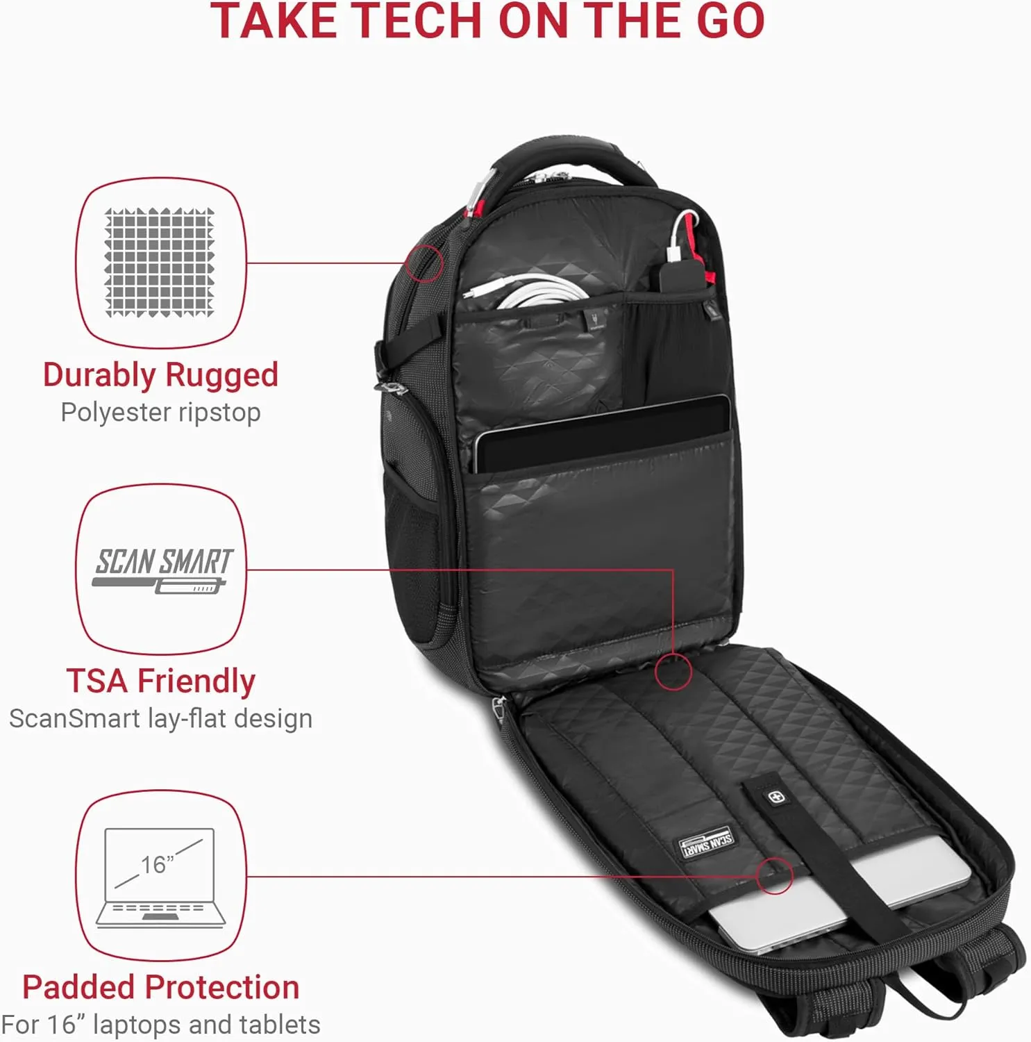 SwissGear Travel Tech Elite Laptop Backpack  Fits Laptops up to 16  ScanSmart TSA-Friendly Backpack with USB Port, Shoe Compartment & Organizer Pockets  Black Dot