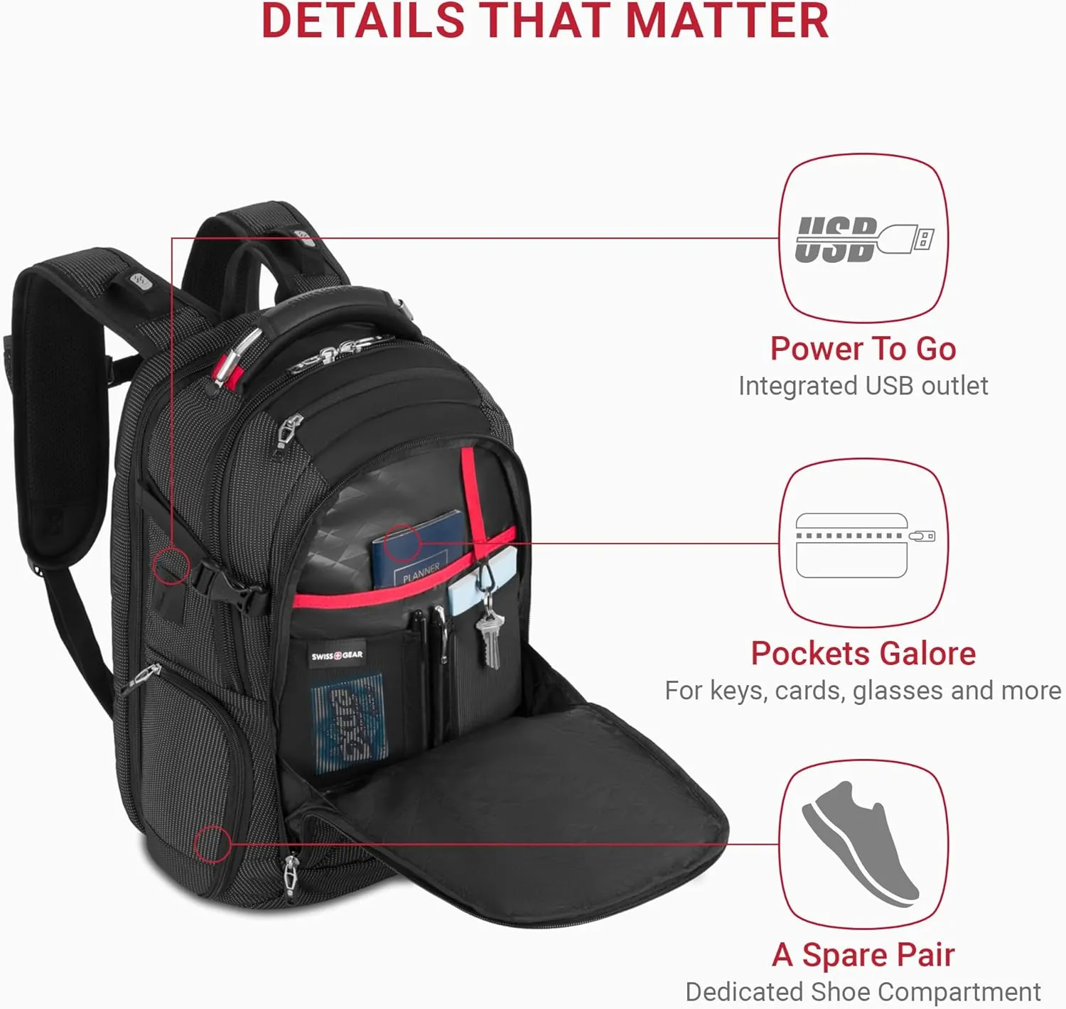 SwissGear Travel Tech Elite Laptop Backpack  Fits Laptops up to 16  ScanSmart TSA-Friendly Backpack with USB Port, Shoe Compartment & Organizer Pockets  Black Dot