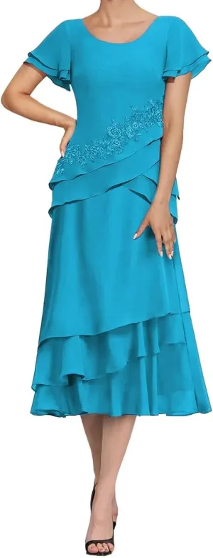 Tea Length Mother of The Bride Dresses for Wedding Chiffon Appliques Formal Evening Party Gowns Grandmother Dresses