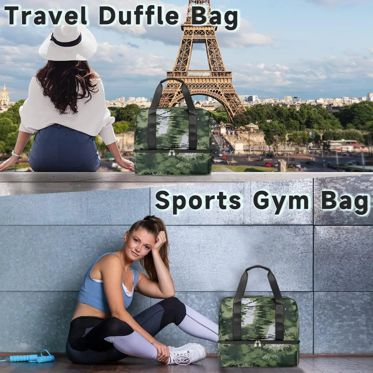 Tie Dye Camouflage Travel Duffel Bag Sports Tote Gym Bag, Double layer Large Waterproof Overnight Shoulder Weekender Bag for Women Men
