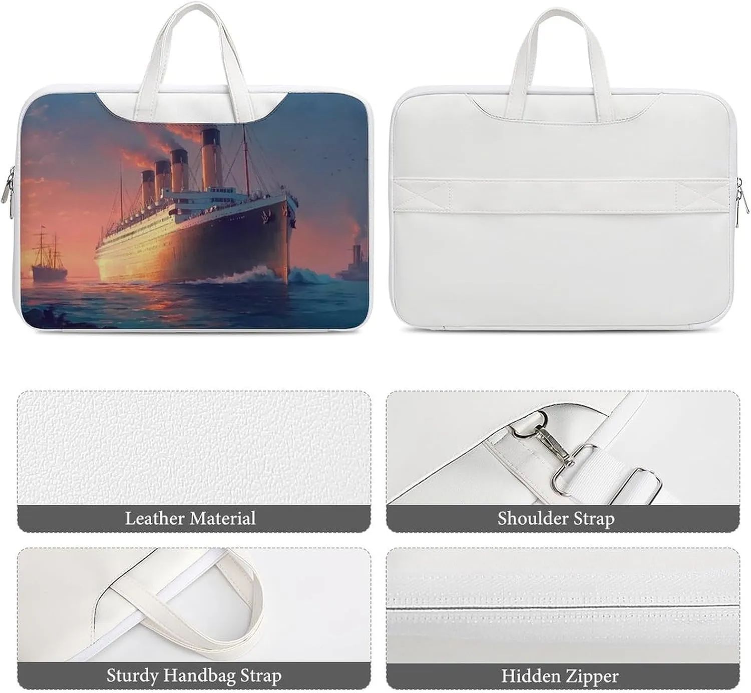 Titanic Sailing Ship on The Sunset Leather Bag Laptop Case Slim Water Resistant Computer Bags with Handle Briefcase for Work