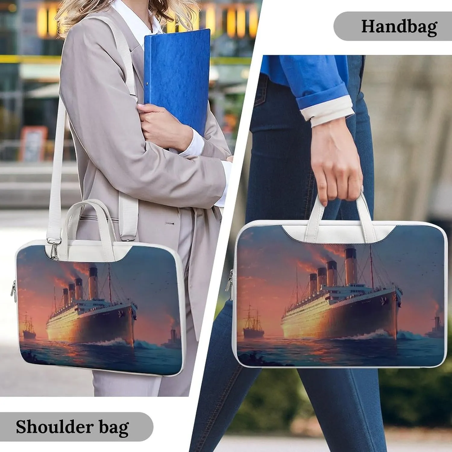 Titanic Sailing Ship on The Sunset Leather Bag Laptop Case Slim Water Resistant Computer Bags with Handle Briefcase for Work