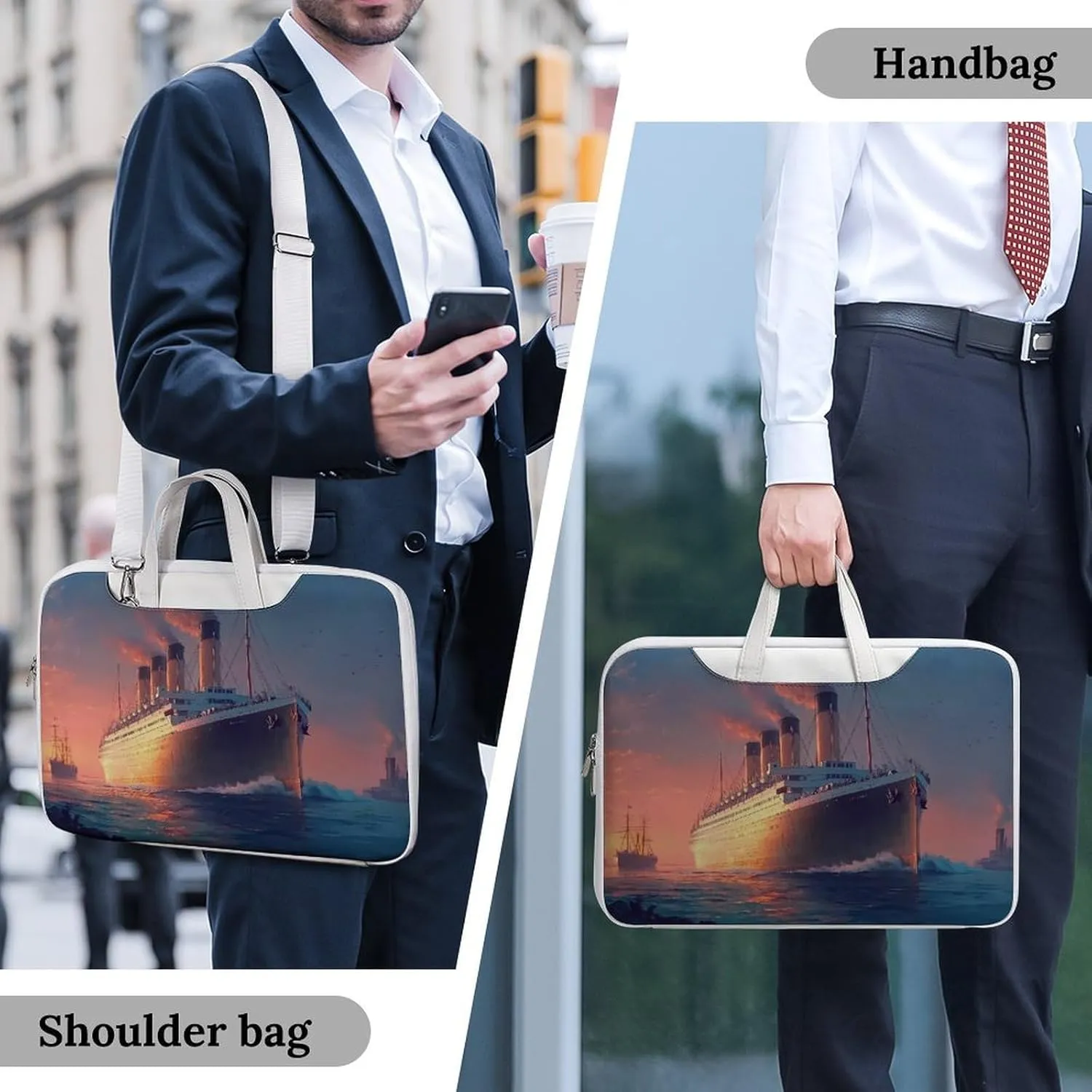 Titanic Sailing Ship on The Sunset Leather Bag Laptop Case Slim Water Resistant Computer Bags with Handle Briefcase for Work