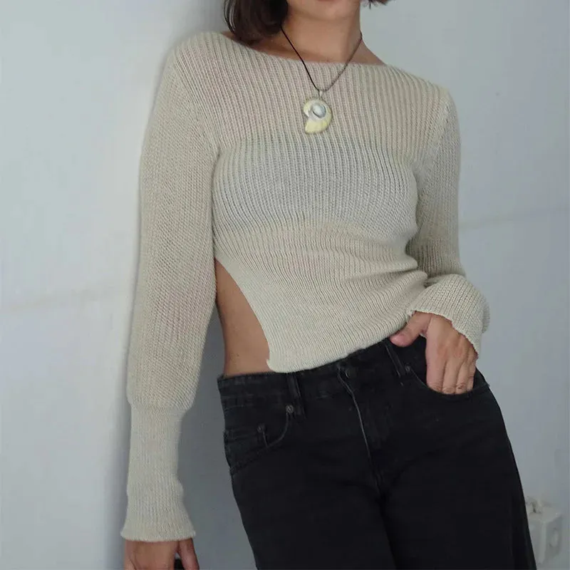 Toleet-y2k Crochet Sweater Long Sleeve O-neck Split Pullovers 2023 New Autumn Breathable Irregular Hem Knitwear Trendy Streetwear