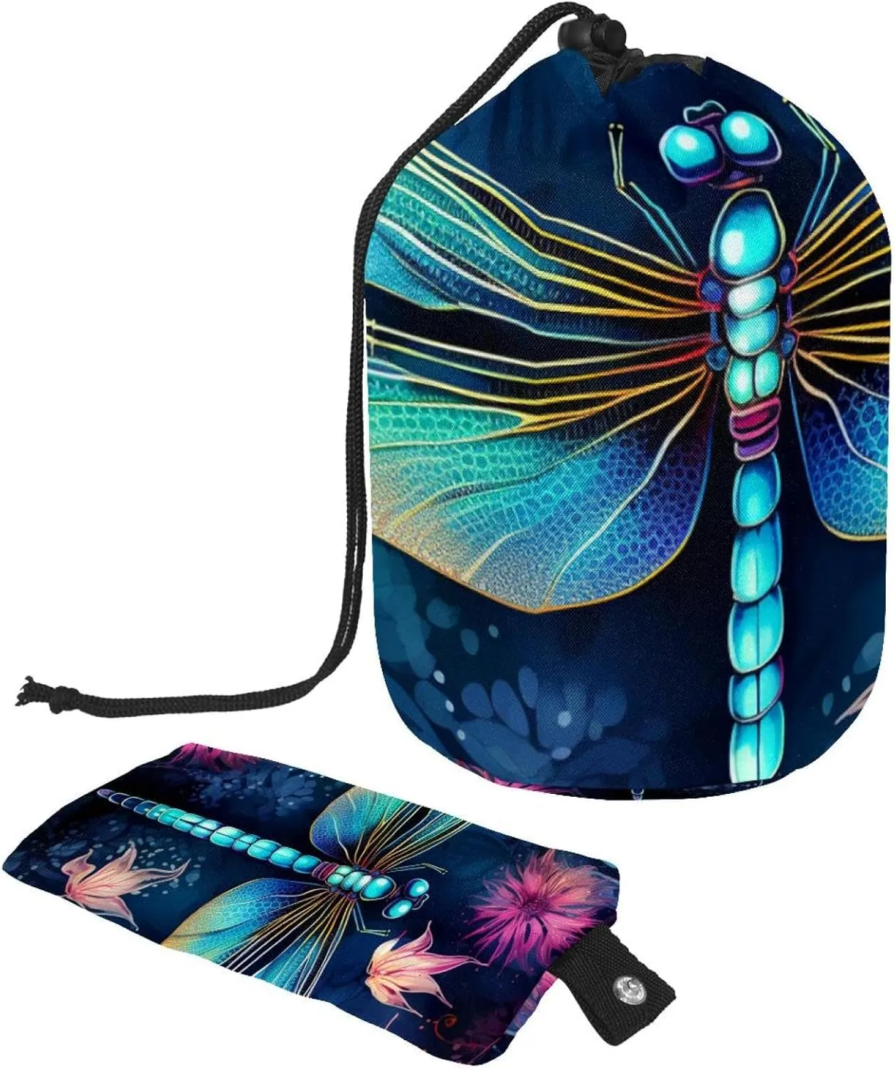 Travel Cosmetic Bags bucket Makeup Bag, Aesthetic Dragonfly Pattern Women Portable Foldable Cases, Multifunctional Toiletry Bucket Bags Round Organizer Storage