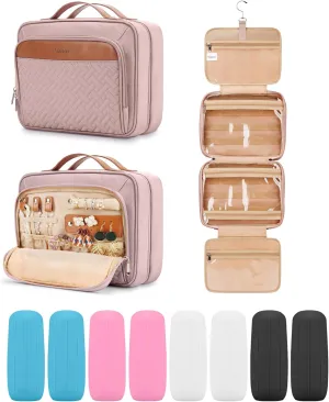 Travel Hanging Toiletry Bag for Women and Men, with 8 Leak Proofing Silicone Bottle Covers, Waterproof Makeup Accessories, Cosmetic Essentials, Toiletries Dopp Kit Set with Jewelry Organizer, Pink