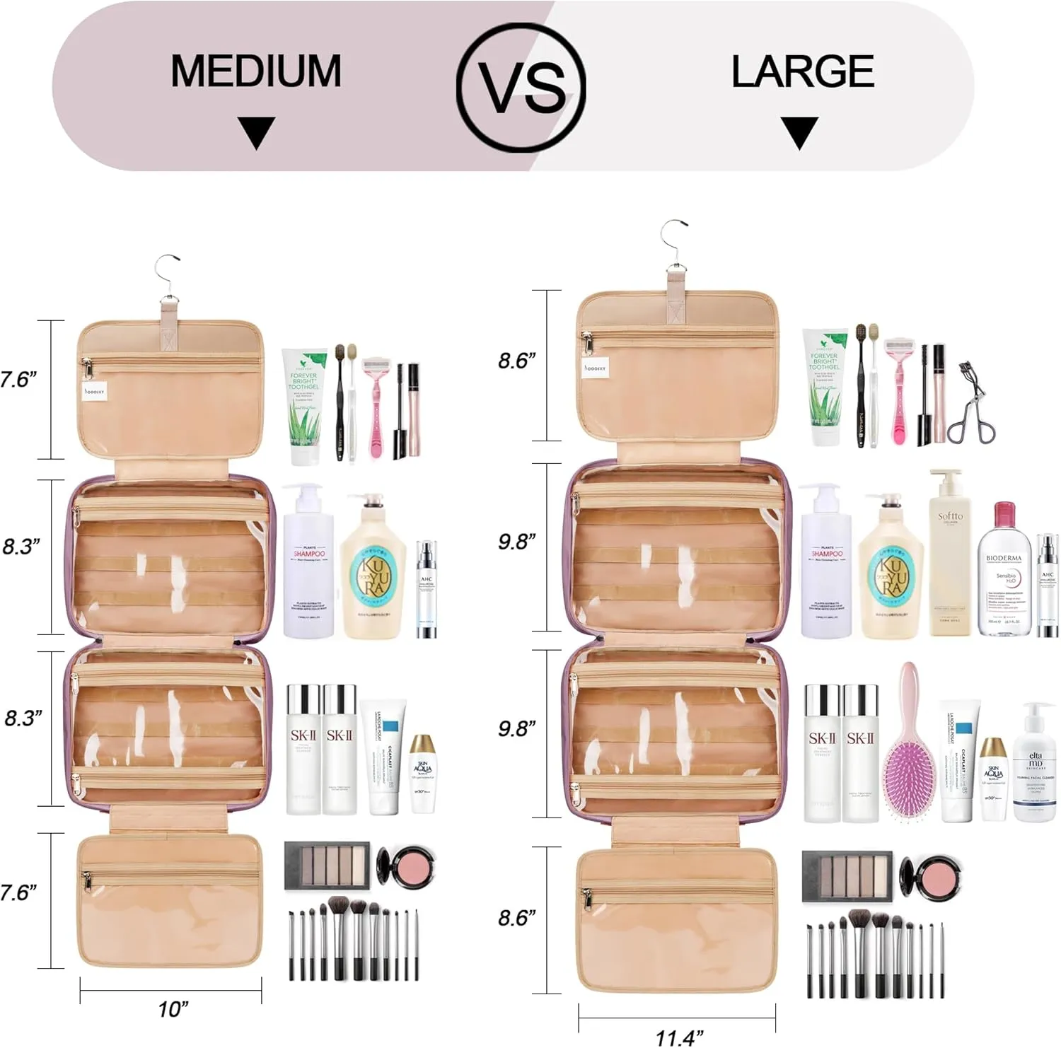 Travel Hanging Toiletry Bag for Women, Extra Large Makeup Bag, Holds Full-Size Shampoo, with Jewelry Organizer Compartment, Waterproof Cosmetic Bag, Toiletries Kit Set with Trolley Belt, Dark Purple