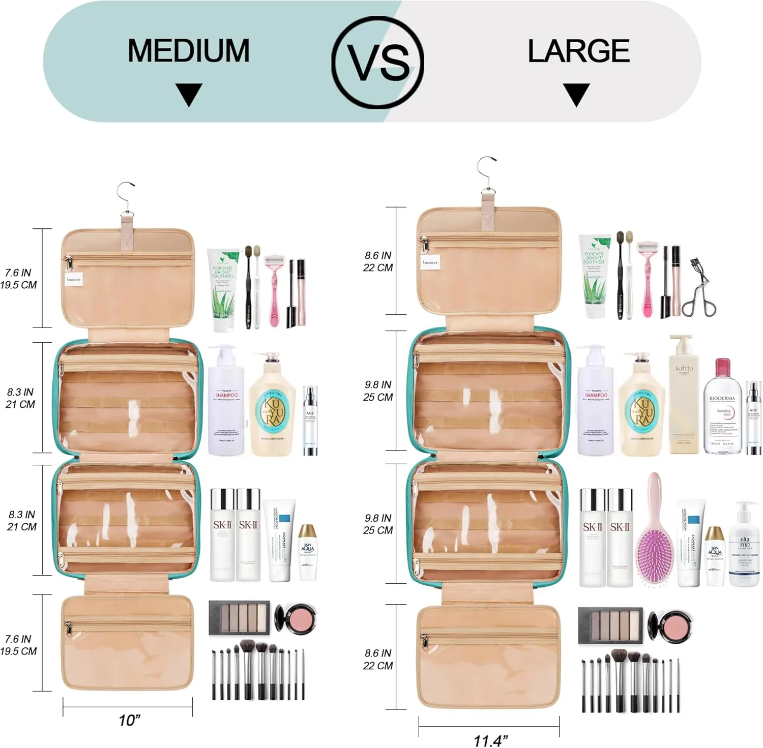Travel Hanging Toiletry Bag for Women, Large Makeup Bag 8 Leak Proofing Silicone Bottle Covers, Waterproof Cosmetic Bag with Jewelry Organizer Compartment, Toiletries Kit Set, Blue
