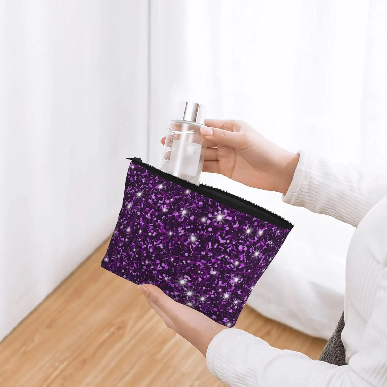 Travel Makeup Bag Pouch Compatible with Beautiful Dark Purple Bling Glitter Sparkles Pattern Cosmetic Bag, Waterproof Zipper Portable Small Storage Bags Halloween Christmas Gift for Women