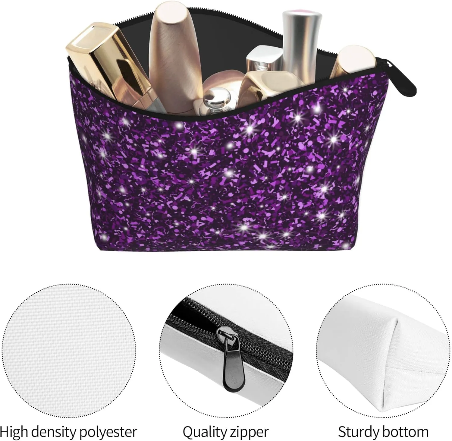 Travel Makeup Bag Pouch Compatible with Beautiful Dark Purple Bling Glitter Sparkles Pattern Cosmetic Bag, Waterproof Zipper Portable Small Storage Bags Halloween Christmas Gift for Women
