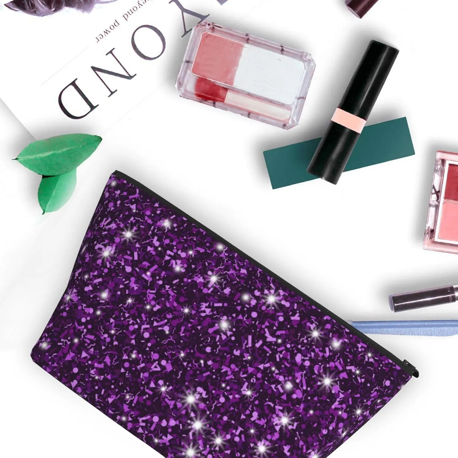 Travel Makeup Bag Pouch Compatible with Beautiful Dark Purple Bling Glitter Sparkles Pattern Cosmetic Bag, Waterproof Zipper Portable Small Storage Bags Halloween Christmas Gift for Women