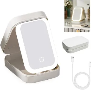 Travel Makeup Bag with Led Mirror, 3 Color Rechargeable LED Adjustable Brightness Waterproof Cosmetic Bag Train Case Makeup Organizer Bag Portable Makeup Box Jewelry Storage for Women (White)