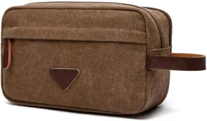 Travel Portable Canvas Toiletry Bag Makeup Case Cosmetic Holder Storage Pouch Bathroom Shower Organizer with Side Leather Handle for Brushes Toiletry Jewelry Storage(Coffee Color)